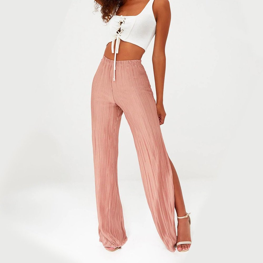 WIDE LEG PANTS • Petite Pink Pleated Split Pants